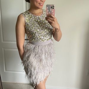 BEBE Rhinestone Beaded Feather Dress in Magnolia Frost Size US 4